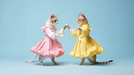 two anthropomorphic female cats in a dress dancing together on solid background - 718406490