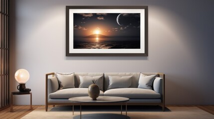  a living room with a couch, coffee table and a picture hanging on the wall above the couch is a painting of the sun setting over the ocean.