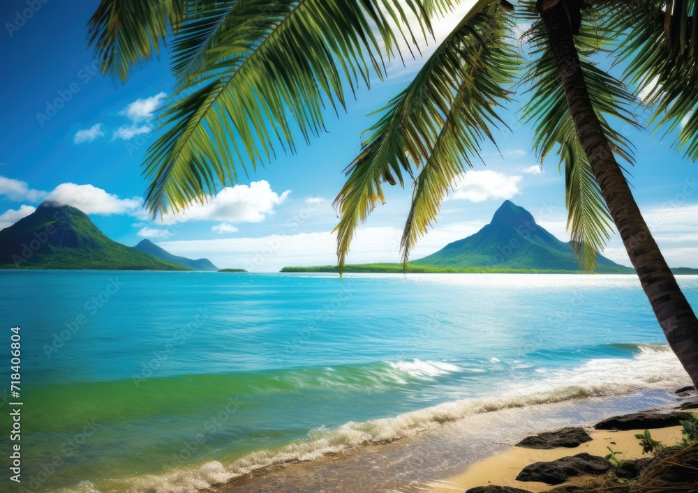 Poster a tropical beach with palm trees and a mountain in the background. generative ai.