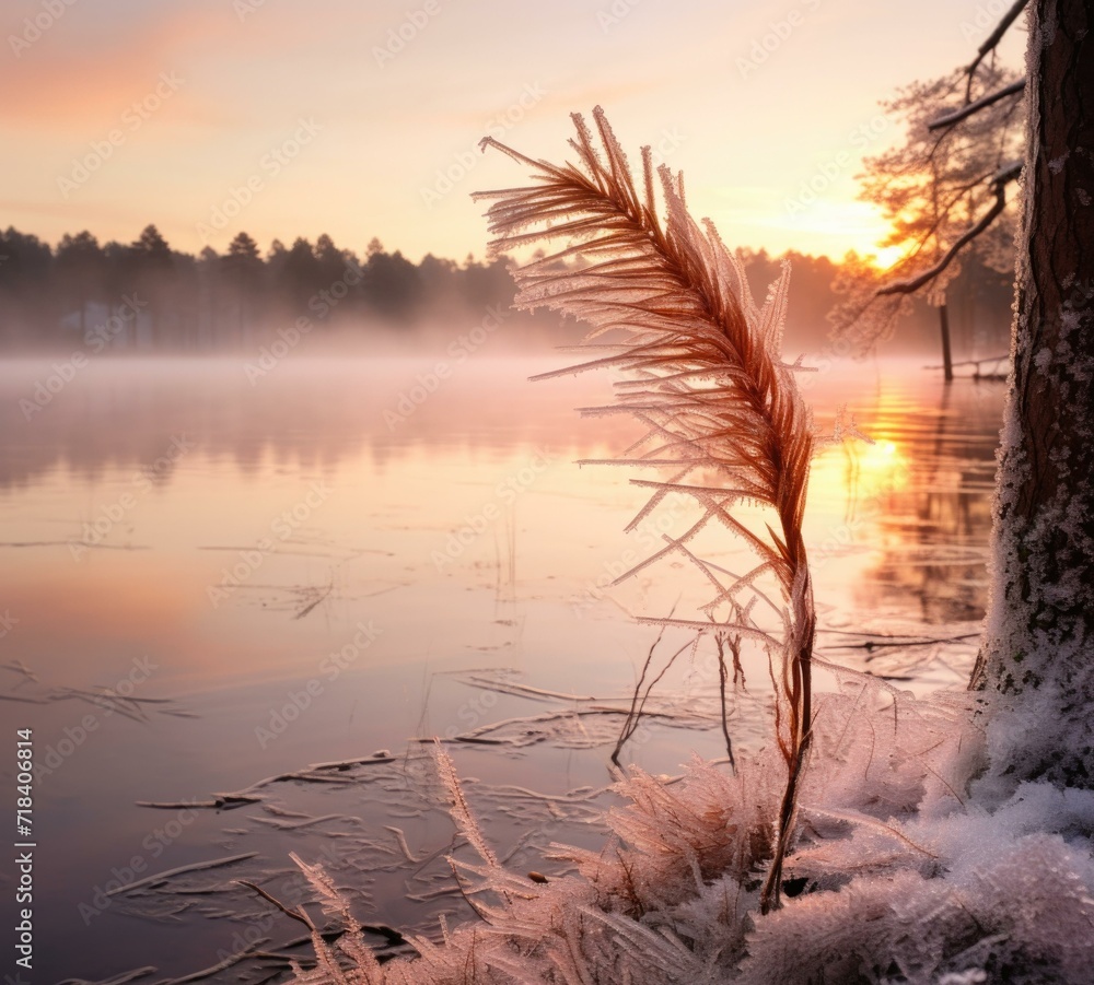 Poster a frozen lake with a tree in the foreground. generative ai.
