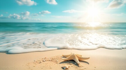 Fototapeta na wymiar Starfish on the beach with sea and sky background. Summer vacation concept