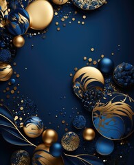 A blue and gold background with gold and blue balls. Generative AI.
