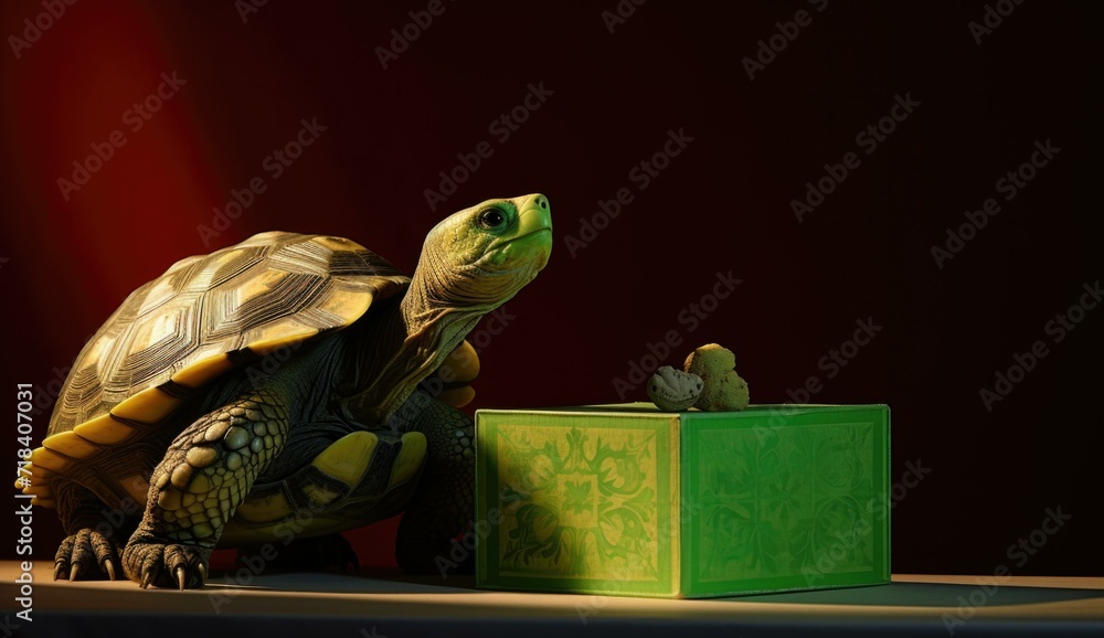Poster a turtle and a green box on a table. generative ai.