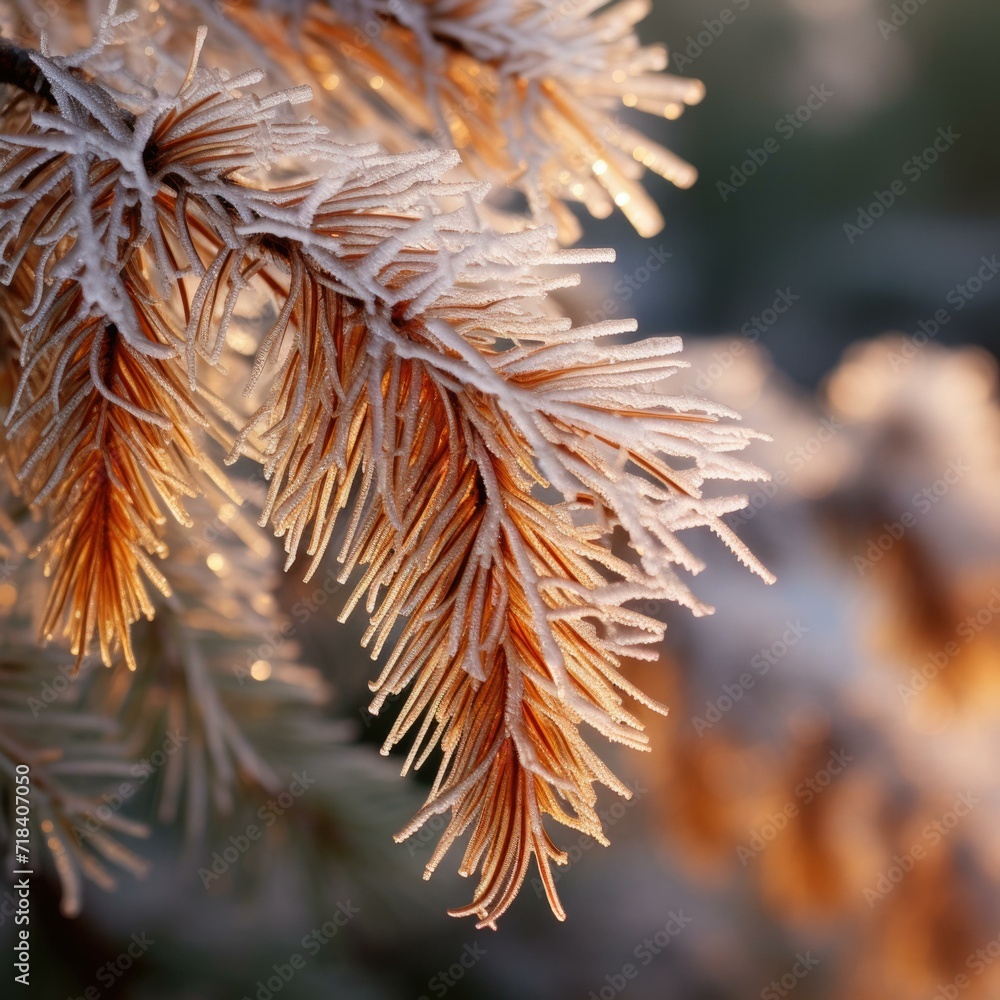 Poster frosty pine branches with needles on them. generative ai.