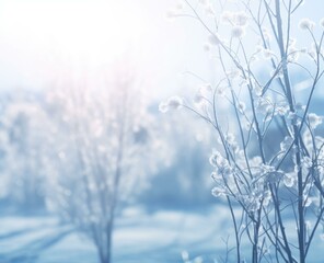 Winter landscape with snow and plants in the background. Generative AI.