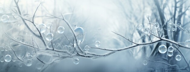 Frosty winter landscape with water droplets on branches. Generative AI.