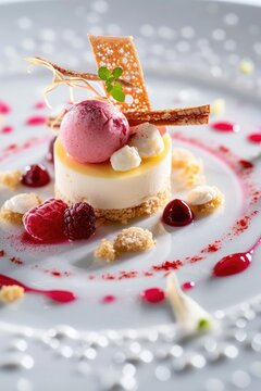 Create an image of an exquisite, modern-style dessert crafted by renowned French pastry chefs, elegantly presented on a pristine white plate. 