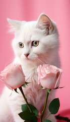 White cat with pink roses. Generative AI.