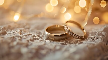 Obraz na płótnie Canvas Elegant Wedding Rings: Captured on Lace-Covered Wedding Dress with Bokeh Background