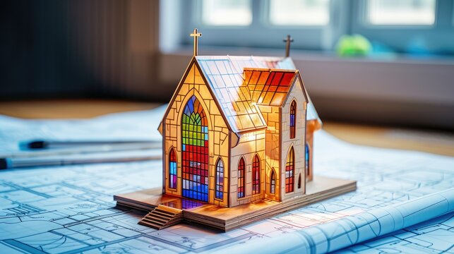 stain glass model of church on a blueprint, new home concept, copy space 