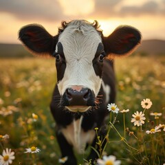 Cow on grass field, clear sky, close up cow, sunlight in evening. Generative AI.