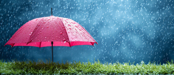 Pink Umbrella on Lush Green Field, rainy day .