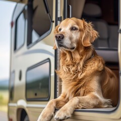 Dog on the car, waiting people, on road trip in evening. Generative AI.
