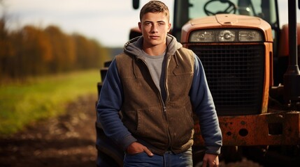 American young male farmer standing next to the tractor