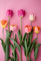 Flat lay of Creative arrangement with various pink and orange tulips flowers separated against pastel pink background. Generative AI.