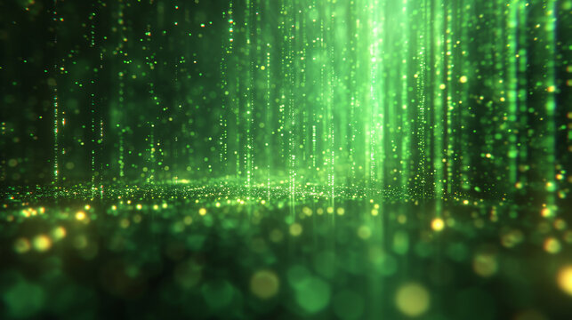 3d render. Abstract background of green neon lines sliding down. Modern digital wallpaper. Streaming glowing particles