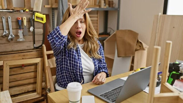 Stressed! young beautiful latin woman, carpentry worker, sitting at table with hand to head. oops, blunder in workshop! forgot big error in project. portrait of regret and frustrated memory.