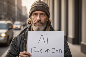 Portrait of unemployed adult male living on the street looks at the camera while holding a sign that reads "AI took my job". Workers replaced by technology, social problem