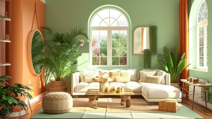 a bright Mediterranean Style living room in colors green sage and amber 
