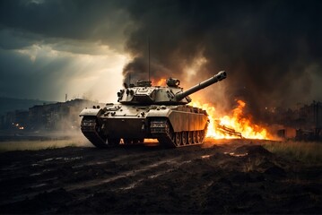 Armored tank on a battle field in a war. Fire and destructed city in the background - obrazy, fototapety, plakaty
