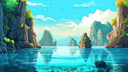 cartoon illustration Pristine beaches, limestone cliffs, and vibrant coral reefs.