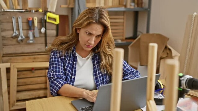 Nervous young latin woman doubter, thoughtfully shot at carpentry workshop. negative vibe, grumpy frown on her beautiful face due to an unsolved problem