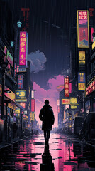 Ukiyo-e wood block print of a noir character walking down a wet Hong Kong street silhouetted by neon street signs and their reflections
