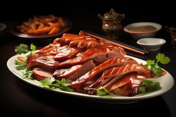 Peking duck on black with sauces, garnish