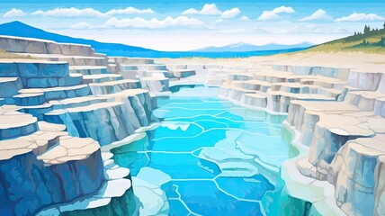 cartoon illustration natural hot spring, surrounded by terraced rock formations. The crystal clear blue water is inviting and contrasts beautifully with the earthy tones of the rocks.
