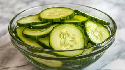 sliced pickled cucumbers in a clear glass bowl, probiotics