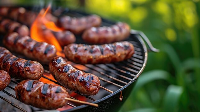 grilled sausages on blurred background, a picnic barbeque grill in the garden. having fun eating and enjoying time. sunny day in the summer.