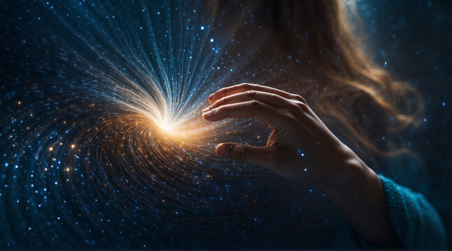 Fototapeta Feminine energy near the heart, a woman's hands as a source of pure energy. Multiverse, copy space