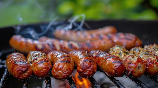 grilled sausages on blurred background, a picnic barbeque grill in the garden. having fun eating and enjoying time. sunny day in the summer.