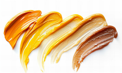 Top view of different texture liquid serum swatches on a white background isolated. Skincare and beauty concept.