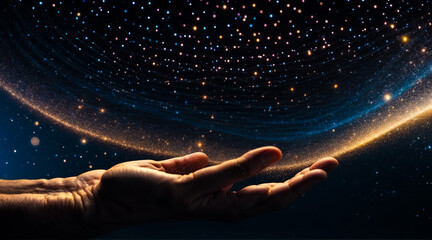 Hand touching stunning data vortex and light particles, innovation and discovery concepts, multiverse
