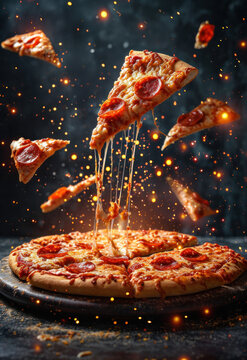 pizza slices flying on top of pizza