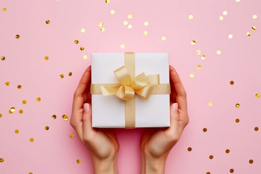 Female hands holding a gift box on a pink background with confetti, perfect for valentine day celebration.