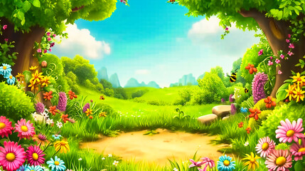 Cartoon Nature Illustration, Summer and Green Landscape, Sky and Background, Spring and Grass,...