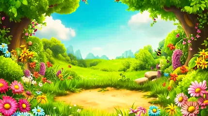 Fototapeten Cartoon Nature Illustration, Summer and Green Landscape, Sky and Background, Spring and Grass, Forest and Trees, Beauty and Environment, Colorful and Artistic Design © Rabbi