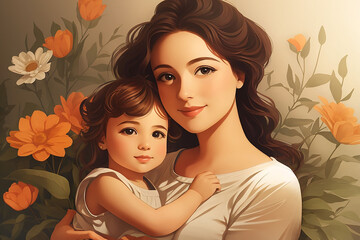 Illustration of mother with her little child, flower in the background, Hand-drawn drawing, copy space, watercolor, Mother's day, 8 march