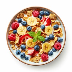 Cereal in a bowl with milk and fruit isolated on white 