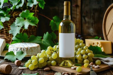 Bottle of white wine with a white label on a background of grapes and cheese