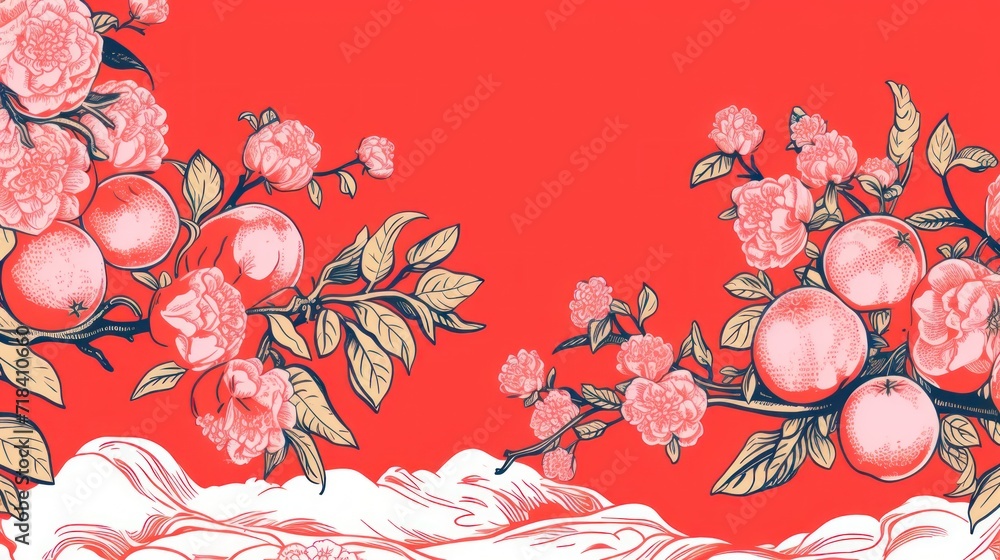 Poster a drawing of a bunch of fruit on a branch with leaves and flowers on a red background with a wave in