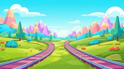 Rolgordijnen cartoon illustration railway track winding through a lush, colorful landscape. © chesleatsz