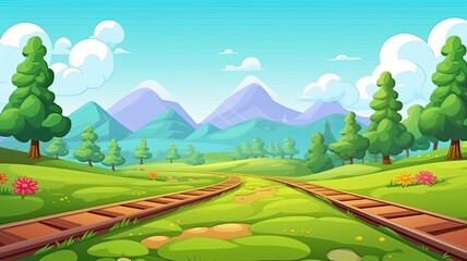Obraz premium cartoon illustration railway track winding through a lush, colorful landscape.