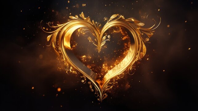  a picture of a heart made out of gold flecks on a black background with a lightening effect.