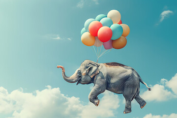 elephant flying holding balloons against the blue sky 