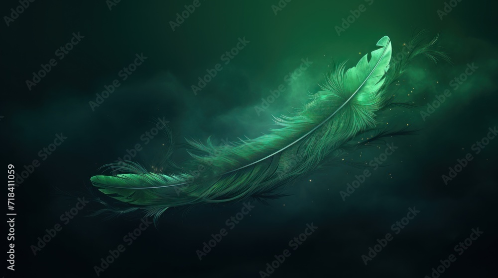 Poster a green feather floating in the air on a dark green background with a tiny speckle of light coming o