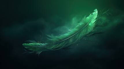  a green feather floating in the air on a dark green background with a tiny speckle of light coming out of it.