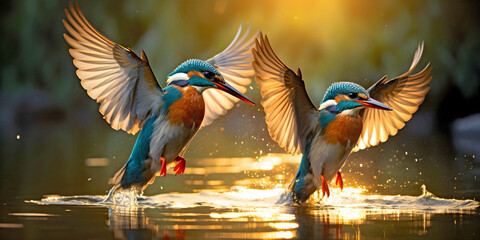 two kingfishers in flight over water, ai generated. 